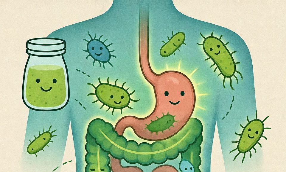 A friendly illustration of a healthy gut microbiome, supported by icons of kefir, fermented vegetables, and bananas.