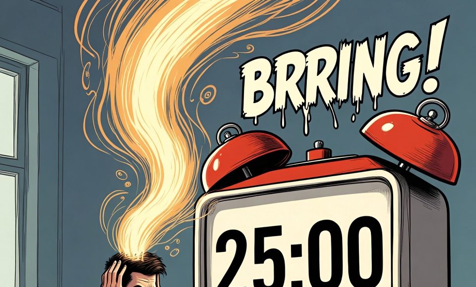 A creative professional's flow state being disrupted by a rigid Pomodoro timer.