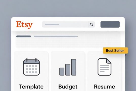 Side Hustle Starter Kit: 5 Low-Effort Ideas to Earn Extra Cash A mockup of an Etsy shop showcasing best-selling digital templates like planners and trackers.