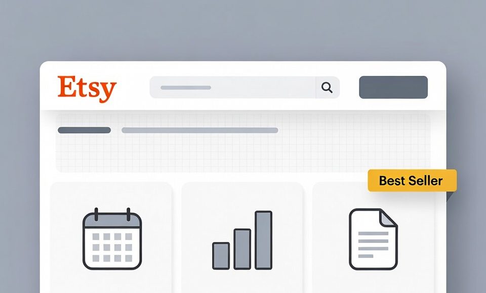 A mockup of an Etsy shop showcasing best-selling digital templates like planners and trackers.