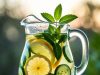 Les trucs pour s'hydrater : Des façons amusantes de boire plus d'eau Un pichet rafraîchissant d'eau thermale infusée de fruits et d'herbes avec du citron, du concombre et de la menthe.