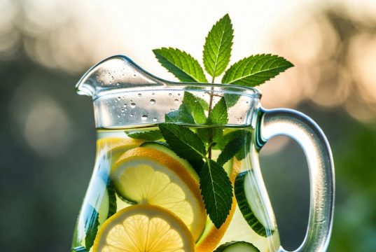 Peretasan Hidrasi: Cara Menyenangkan untuk Minum Lebih Banyak Air Segelas air spa yang menyegarkan dengan campuran buah dan rempah-rempah dengan lemon, mentimun, dan mint.