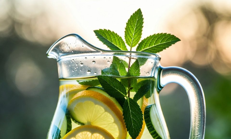 A refreshing pitcher of fruit and herb-infused spa water with lemon, cucumber, and mint.