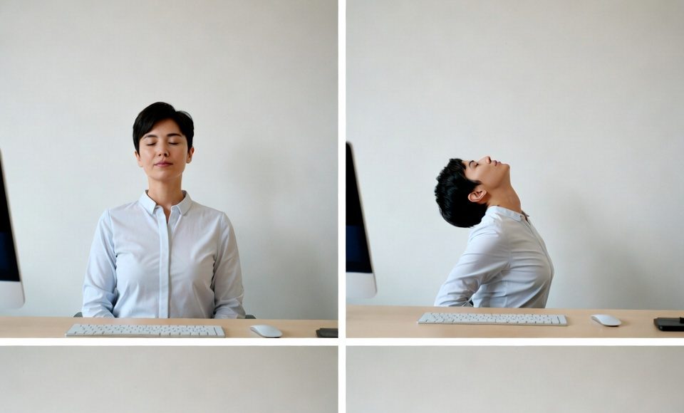 Four-panel guide showing a quick 5-minute desk exercise routine for stress relief and energy.