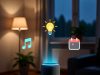 Voice Assistant Hacks: Make Alexa or Siri Your Personal Productivity Coach A voice assistant managing an evening wind-down routine with dim lights and relaxing music in a living room.