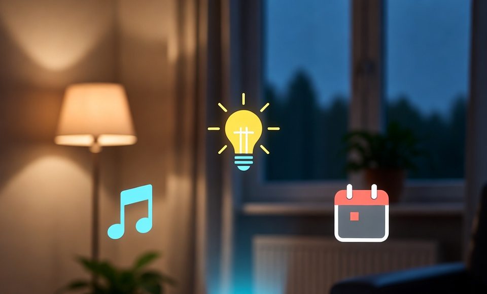 A voice assistant managing an evening wind-down routine with dim lights and relaxing music in a living room.