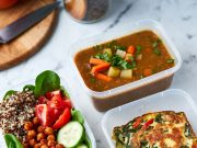 Grocery Hacks – Meal Prep on a $50 Weekly Budget Three prepared meal prep containers showcasing the variety of affordable meals: a grain bowl, soup, and a frittata.