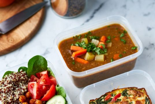 Grocery Hacks – Meal Prep on a $50 Weekly Budget Three prepared meal prep containers showcasing the variety of affordable meals: a grain bowl, soup, and a frittata.