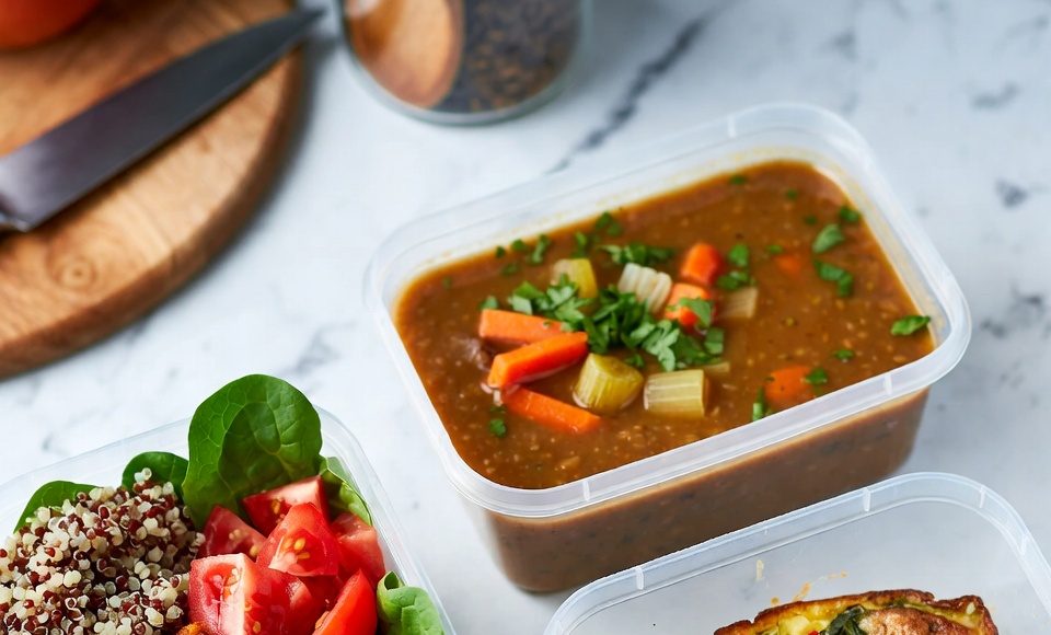 Three prepared meal prep containers showcasing the variety of affordable meals: a grain bowl, soup, and a frittata.