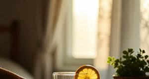 Morning Ritual Reset: 5-Minute Habits for All-Day Energy A glass of lemon water on a bedside table, representing the first morning hydration habit.