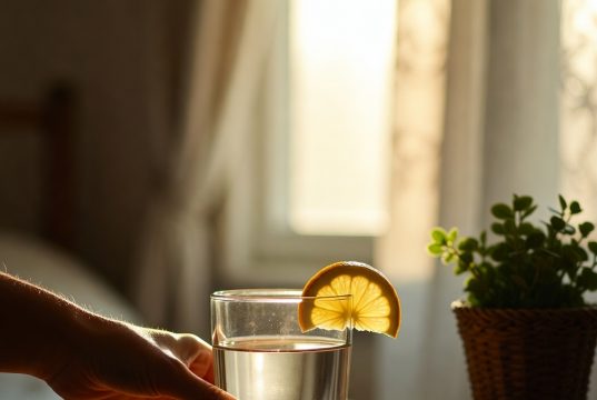 Morning Ritual Reset : Des habitudes de 5 minutes pour une énergie de tous les instants Un verre d'eau citronnée sur une table de chevet, représentant la première habitude d'hydratation du matin.