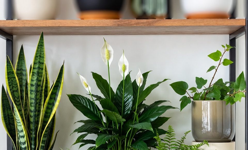 A curated shelf display featuring the top 5 air-purifying plants: Snake Plant, Spider Plant, Peace Lily, Boston Fern, and English Ivy.