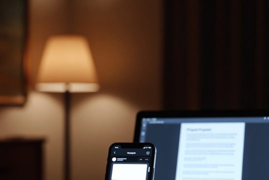 Smart Lighting on a Budget: Free App Tricks for Any Bulb.💡🤖 An evening scene showing coordinated warm lighting from both screens and a lamp to support circadian rhythm.