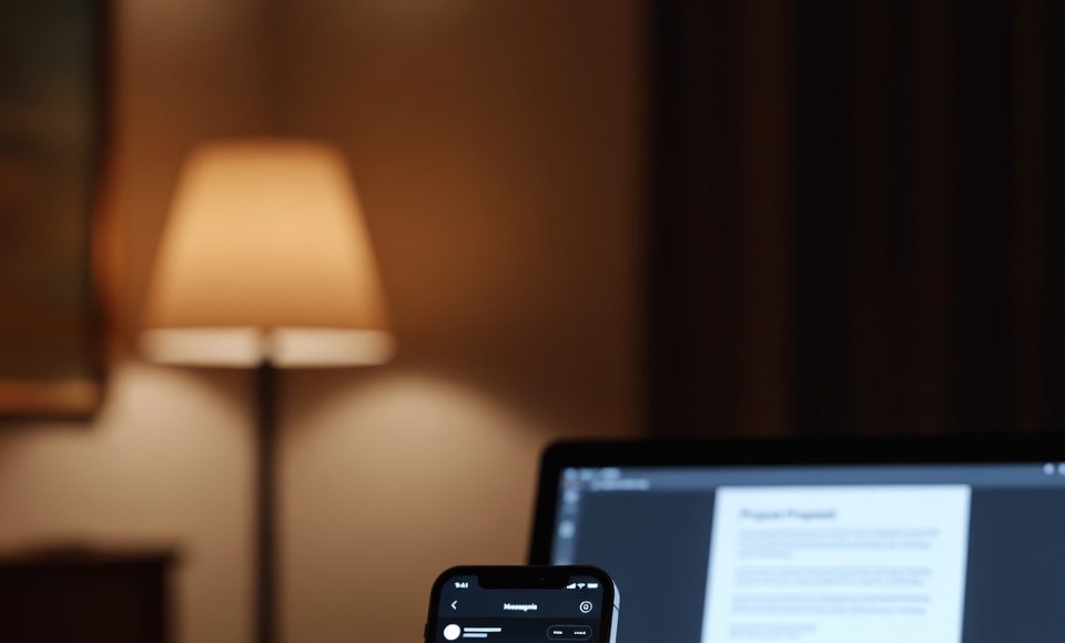 An evening scene showing coordinated warm lighting from both screens and a lamp to support circadian rhythm.