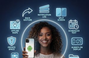 12 прихованих функцій Android, які конкурують з iPhone (а деякі краще). 🤖🔥 Людина в оточенні іконок, що представляють 12 прихованих функцій Android, які підкреслюють можливості платформи.