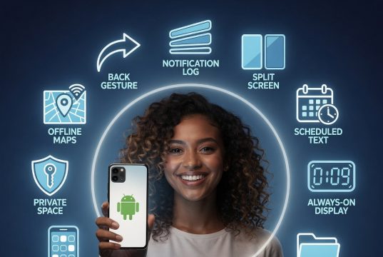 12 прихованих функцій Android, які конкурують з iPhone (а деякі краще). 🤖🔥 Людина в оточенні іконок, що представляють 12 прихованих функцій Android, які підкреслюють можливості платформи.