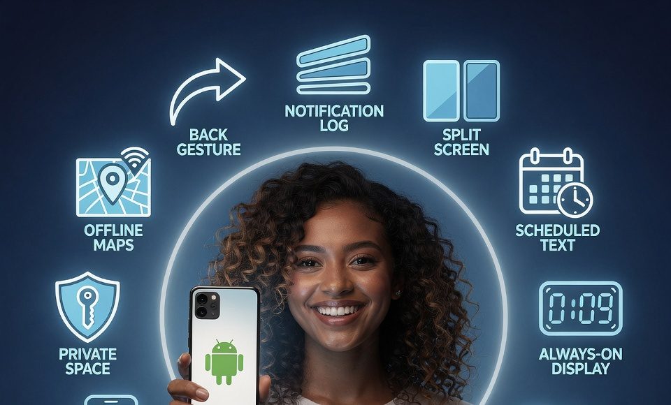 Osoba otoczona ikonami reprezentującymi 12 ukrytych funkcji Androida, celebrująca możliwości platformy. Osoba otoczona ikonami reprezentującymi 12 ukrytych funkcji Androida, celebrująca możliwości platformy.