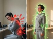 Exercícios de 5 minutos na mesa de trabalho para acabar com os danos de ficar sentado o dia todo 🪑💪 Visualização antes e depois de um treino de 5 minutos na mesa de trabalho, reduzindo a dor e melhorando a postura.