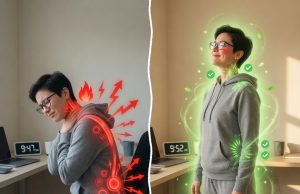 Exercícios de 5 minutos na mesa de trabalho para acabar com os danos de ficar sentado o dia todo 🪑💪 Visualização antes e depois de um treino de 5 minutos na mesa de trabalho, reduzindo a dor e melhorando a postura.