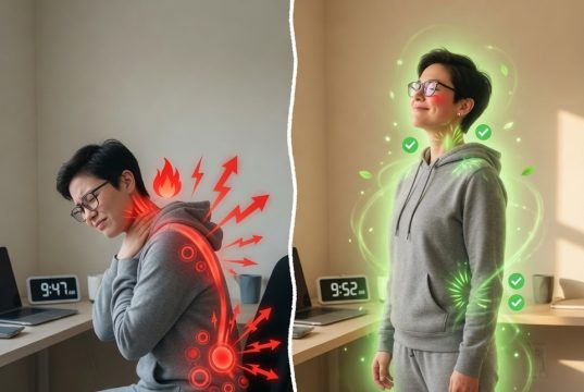 Exercícios de 5 minutos na mesa de trabalho para acabar com os danos de ficar sentado o dia todo 🪑💪 Visualização antes e depois de um treino de 5 minutos na mesa de trabalho, reduzindo a dor e melhorando a postura.