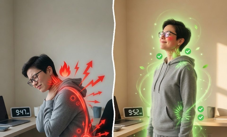 Visualização antes e depois de um treino de 5 minutos na mesa de trabalho, reduzindo a dor e melhorando a postura.