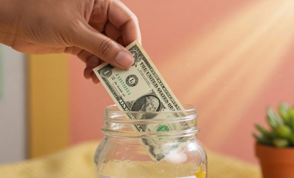 Starting the 52-Week Money Challenge by placing the first dollar into a savings jar.